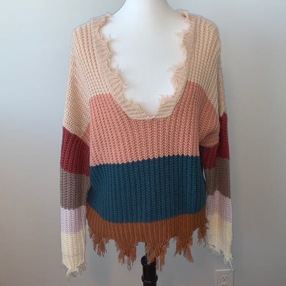 MIracle USA Distressed Color Block Sweater Sz M/L - Picture 1 of 8